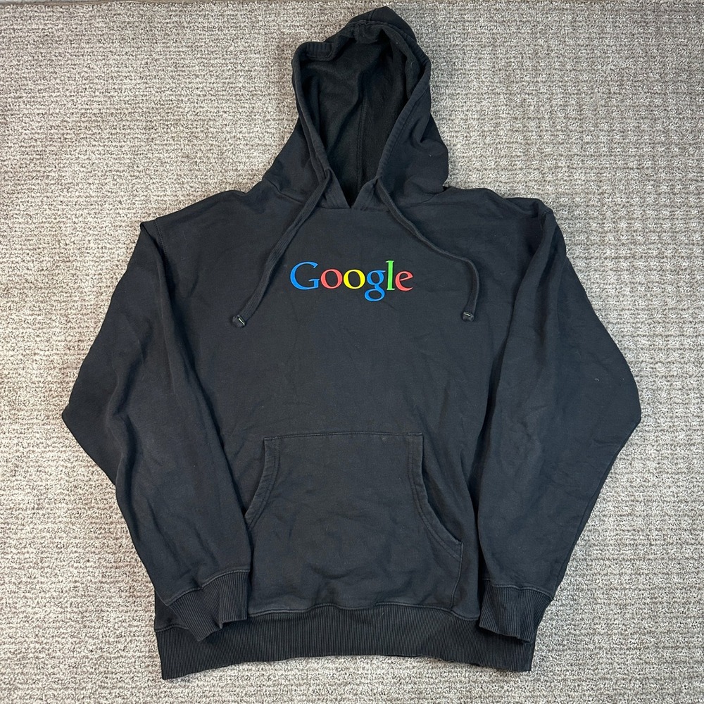 Google Hoodie Mens Large Black Organic Cotton Spell Out Logo Sweatshirt L